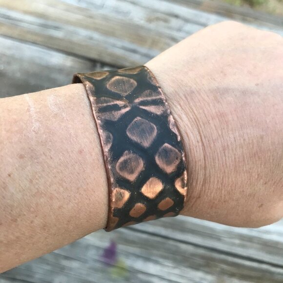 Snakeskin Solid Copper Cuff Bracelet Wide Rustic Handmade Men Man Unisex - Picture 4 of 5